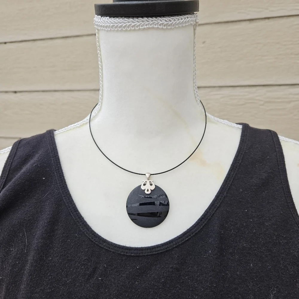 round black striped glass stone pendant necklace with sterling bail